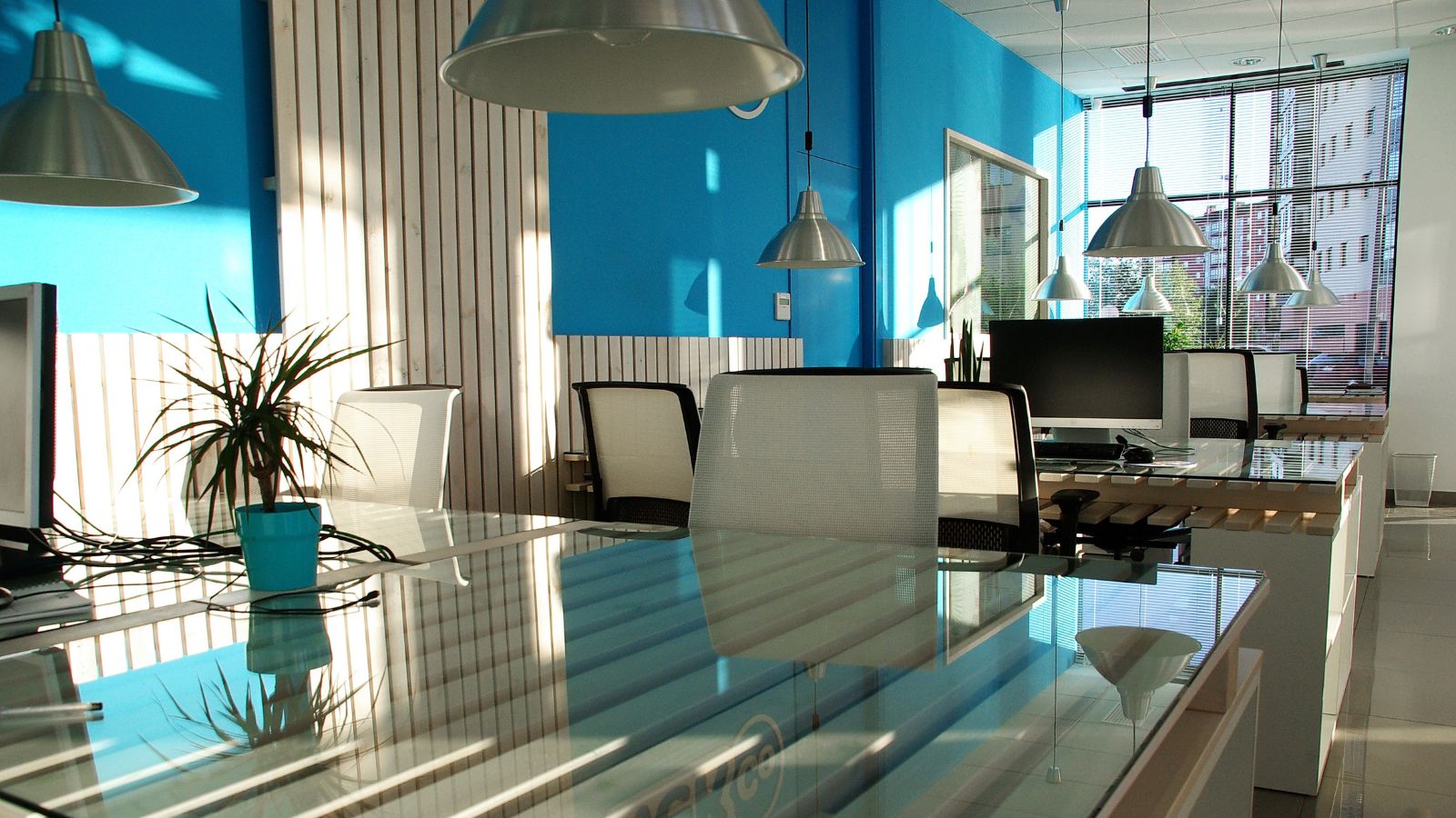 Office interior with bright pops of colour.